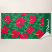 Serviette De Plage Fleurs d'Hibiscus rouges sur Feuilles tropicaux su (Devant)