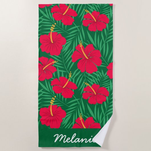 Serviette De Plage Fleurs d'Hibiscus rouges sur Feuilles tropicaux su (Devant)