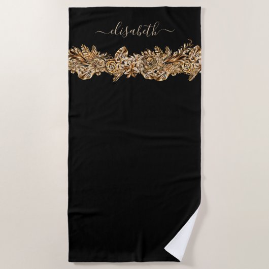 Serviette De Plage Fleurs d'or de luxe Elégant Chic Classy Noir (Devant)