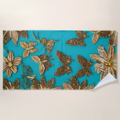 Serviette De Plage Fleurs d'or et papillons Arrière - plan Turquoise (Devant)