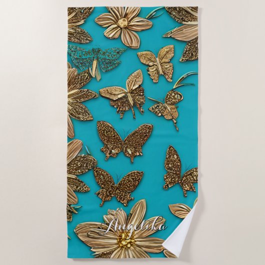 Serviette De Plage Fleurs d'or et papillons Arrière - plan Turquoise (Devant)