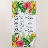 Serviette De Plage Fleurs et Feuilles tropicaux brillants M. et Mme. (Devant)