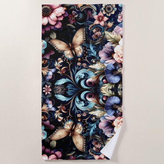 Serviette De Plage Fleurs et papillons de printemps antiques (Devant)