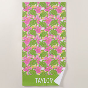 Serviette De Plage Fleurs et tortues roses de Palm Beach