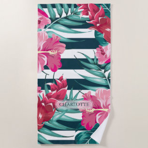 Serviette De Plage Fleurs exotiques estivales Monogrammes rayés