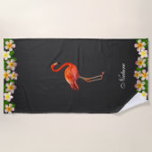 Serviette De Plage Fleurs Flamant rose et Plumeria sur presque noir (Devant)