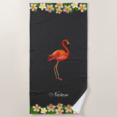 Serviette De Plage Fleurs Flamant rose et Plumeria sur presque noir (Devant)