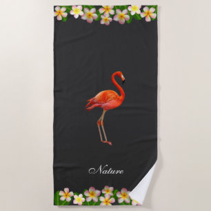 Serviette De Plage Fleurs Flamant rose et Plumeria sur presque noir
