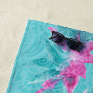 Serviette De Plage Fleurs hawaïennes Abstraites turquoise rose