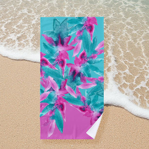 Serviette De Plage Fleurs hawaïennes Abstraites turquoise rose