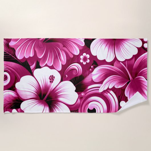 Serviette De Plage Fleurs hawaïennes tropicales Hibiscus Motif rose (Devant)