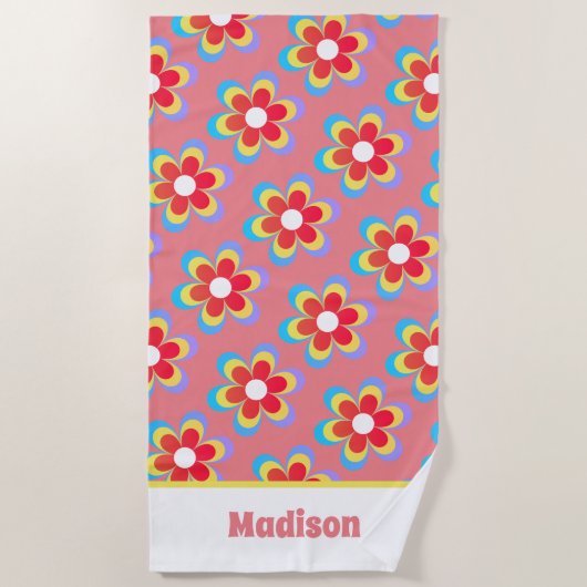 Serviette De Plage Fleurs les années 70 personnalisées rétro (Devant)