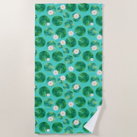 Serviette De Plage Fleurs Lys d'Eau Blanche & Motif Lily Pad (Devant)