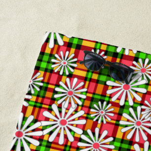 Serviette De Plage Fleurs marguerites blanches sur un à damiers rouge