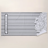 Serviette De Plage Fleurs noires et blanches avec bandes (Devant)