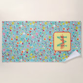 Serviette De Plage Fleurs printanières sur monogramme bleu aqua (Devant)