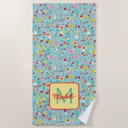 Serviette De Plage Fleurs printanières sur monogramme bleu aqua (Devant)