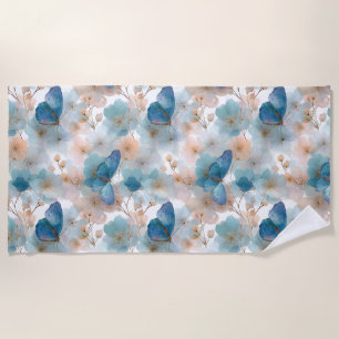 Serviette De Plage Fleurs printanières vintage et papillon bleu
