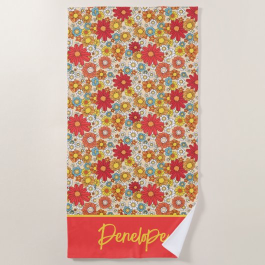 Serviette De Plage Fleurs Retro colorées - Personnalisées (Devant)