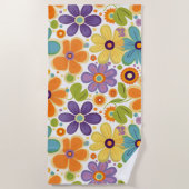 Serviette De Plage Fleurs rétro Lilac orange et vert (Devant)