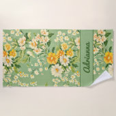 Serviette De Plage Fleurs Rétro Vertes (Devant)