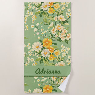 Serviette De Plage Fleurs Rétro Vertes