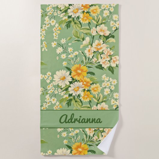 Serviette De Plage Fleurs Rétro Vertes (Devant)