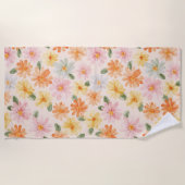 Serviette De Plage Fleurs Rose Jaune Bleu Pêche (Devant)