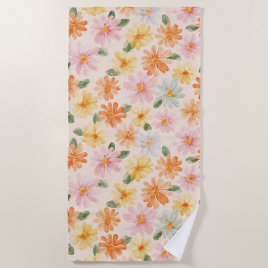 Serviette De Plage Fleurs Rose Jaune Bleu Pêche (Devant)