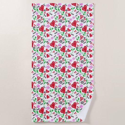 Serviette De Plage Fleurs roses des Coeurs rouges (Devant)