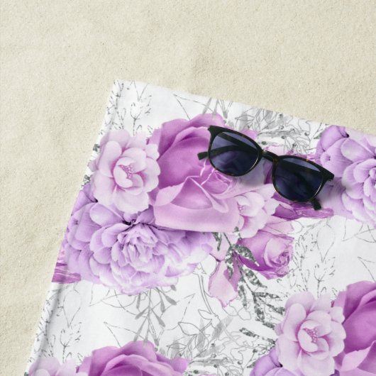 Serviette De Plage Fleurs roses roses rose nom blanc (En situation)