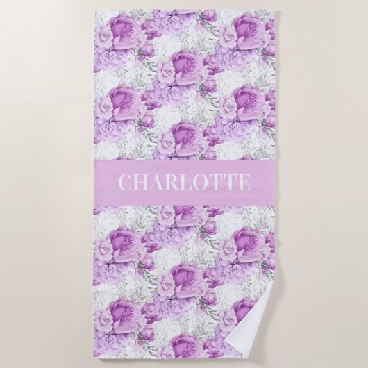 Serviette De Plage Fleurs roses roses rose nom blanc (Devant)