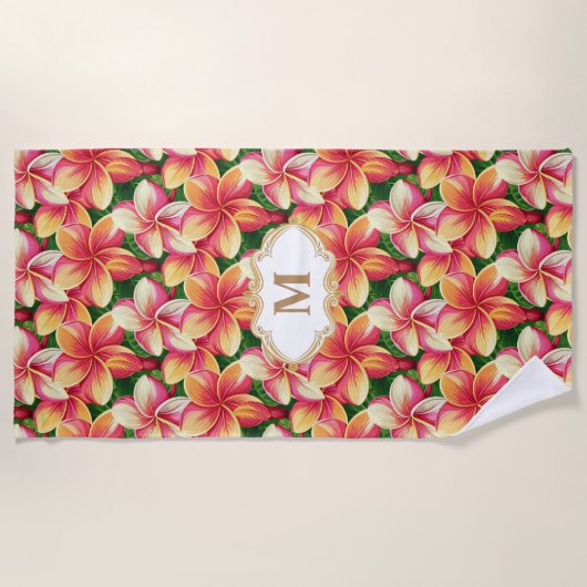 Serviette De Plage Fleurs roses tropicales monogrammes sur vert fores (Devant)