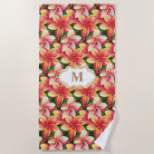 Serviette De Plage Fleurs roses tropicales monogrammes sur vert fores (Devant)