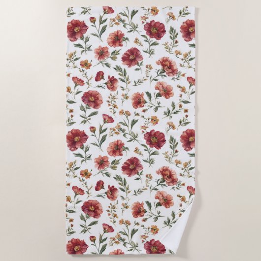Serviette De Plage Fleurs Rouges (Devant)