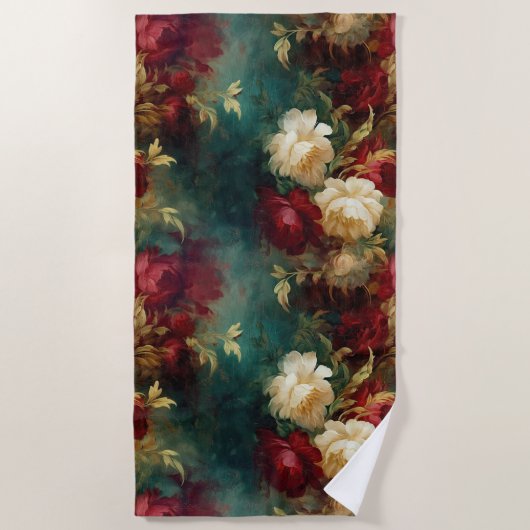 Serviette De Plage Fleurs rouges blanches vertes (Devant)