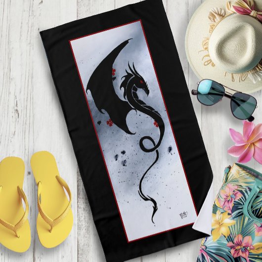 Serviette De Plage Fleurs rouges bleues Dragon noir