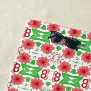 Serviette De Plage Fleurs Rouges Fantaisistes Feuilles Vertes Sur Fon
