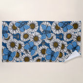 Serviette De Plage Fleurs sauvages blanches et papillons bleus (Devant)