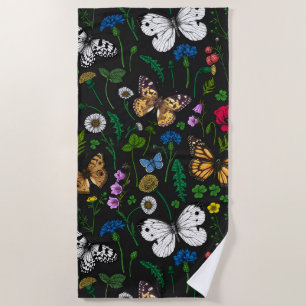 Serviette De Plage Fleurs sauvages et papillons sur le noir