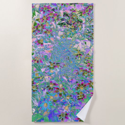 Serviette De Plage Fleurs sauvages rétro violet, vert et bleu sur ros (Devant)