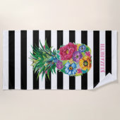 Serviette De Plage Fleurs tropicales Ananas bandes noires (Devant)