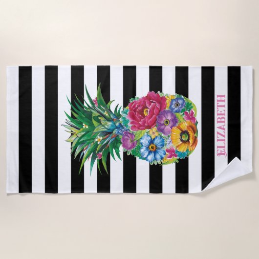 Serviette De Plage Fleurs tropicales Ananas bandes noires (Devant)