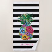 Serviette De Plage Fleurs tropicales Ananas bandes noires (Devant)