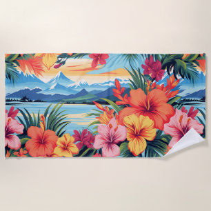 Serviette De Plage Fleurs tropicales colorées et paysage