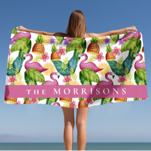 Serviette De Plage Fleurs tropicales et Flamant rose rose Feuille Per