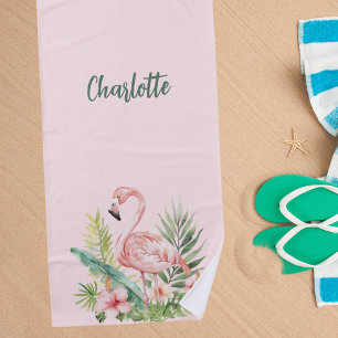 Serviette De Plage Fleurs tropicales flamingo roses