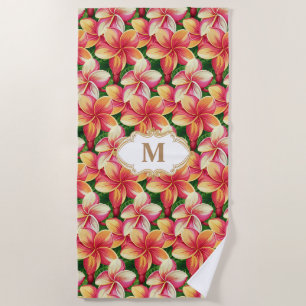 Serviette De Plage Fleurs tropicales roses monogrammées sur fond vert