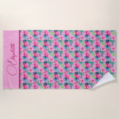 Serviette De Plage Fleurs tropicales roses vertes bleues Monogramme (Devant)