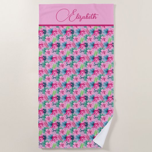 Serviette De Plage Fleurs tropicales roses vertes bleues Monogramme (Devant)